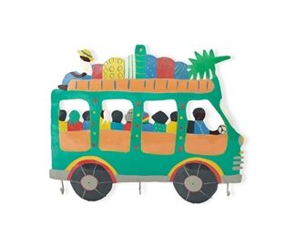 1293
A Haitian Painted Metal Wall Hanger
Circa 1980s; Haiti
The polychrome metal coat hanger in the form of bus with passengers, with three hooks
15.125" H x 18.5" W x 1.25" D
Estimate: $50 - $75