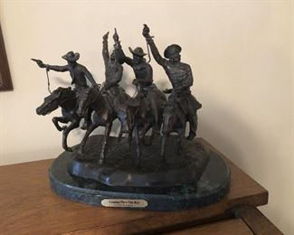 SOLD Fredric Remington "Coming Through the Rye" BRONZE statue. Size: H-11 1/2" L-12" W-8" (Signed)