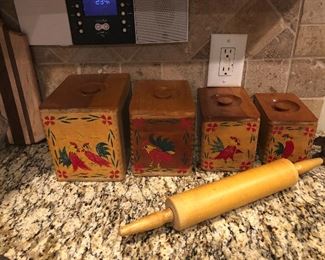 S O L D Mid Century Wood Canister Set- hand painted roosters