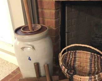 #4 Butter Churn, Wooden Carders and hand made basket
