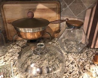 Copper Chafing; heavy glass cake cover-S O L D; vintage candy jar-S O L D