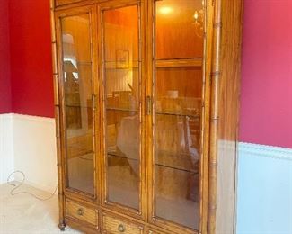 Thomasville Bamboo Style, glass shelved Bookcase or China Hutch with three pullout drawers. 