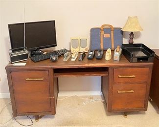 Vintage MCM Wood Desk with Brass Handles and legs