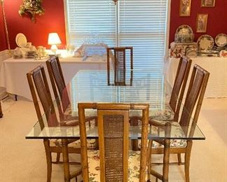 Thomasville Oak Carved bamboo inspired glass table top with 4 side chairs and 2 armchairs 