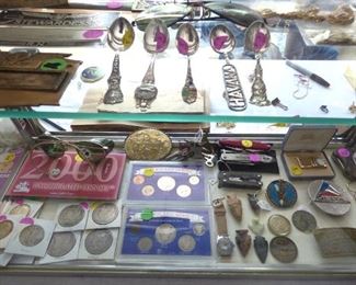 90% silver dollars, Coin Sets., Arrowheads, sterling spoons, etc