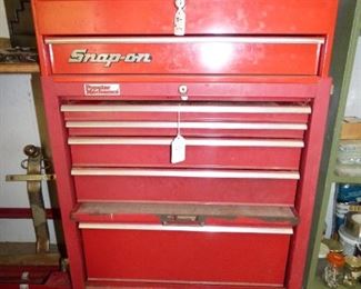 Small Snap-On Tool Box on top,  Popular Mechanics rolling tool cabinet on bottom