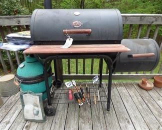 Big Green Egg with Cover, Chargrill Smoker with Cover & book, etc
