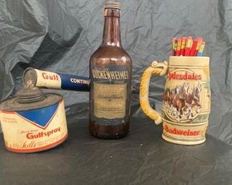 102. Gulf Sprayer, Guckenheimer Whiskey Bottle, Budweiser Mug