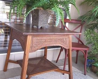 Awesome antique oak side table with original cane sides & bottom shelf, great condition!