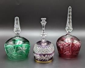 Three Vintage Colorful Crystal Bells. Te tallest measures 7” high and 2.5” in diameter at the base.
