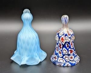 Pair of Vintage Collectable Glass Bells including a Handcrafted Venetian Bell made in Murano, Italy and a mosaic art glass style decorative bell.  Beautiful blues! The tallest measures 5” high and 3” in diameter at the base.