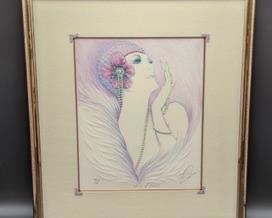 “String of Pearls” Framed Numbered Print by Mary Vickers. A cool and unique mixed media piece! Signed, numbered piece includes the certificate of authenticity and measures 17” x 19”. Number 39/265 and signed in pencil in the lower right corner. 

Mary Vickers was born in 1940 and was raised in a small village just outside of London, England. Her earlier training made it evident she had a passion and talent for art. She exhibited an extraordinary talent for capturing the many moods and emotions of the human figurine.