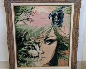 Ornate Framed Vintage Needlepoint Tapestry. Measures 26” x 30”. What a unique and stunning design! This amazing piece was handcrafted. 