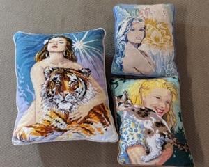 Foxy Ladies Needlepoint Pillows. All look to be in great condition and the largest measures 18” x 22”.