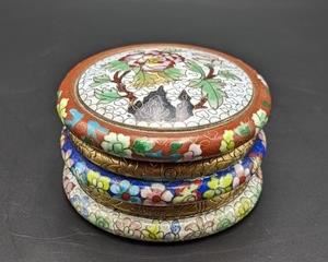 Cloisonné Trinket Box. Measures 3.5” in diameter and 2” high.