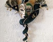 Green Handled Venetian Maschera Del Galeone Mask. Fun musical themed mask measures 18” wide and 25” high.