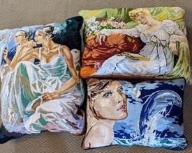 Lovely Ladies Needlepoint Pillows. All look to be in great condition and the largest measures 16” x 22”