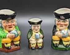 Kelsbro Ware Miniature Mugs. One has repaired damage that can be seen in the photos. The largest pair measure 4” high and 2” wide.