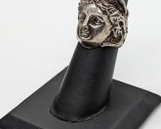 Sterling Silver Figural Medusa Ring. Unisex ring is marked sterling and measures close to 1” wide. Ring size 6