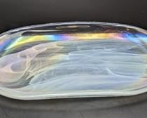 Small Iridescent Art Glass Dish. There are no signature or markings. Measures 6” x 11”