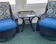 Backyard Creations Table and 2 Chairs. This Backyard Creations table measures 22x24x24 inches and it is accompanied by 2 chairs that each measure 36x30x32 inches