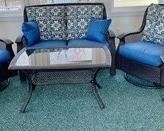 Backyard Creations Rocking Chair and Table Set. This gorgeous patio set has been used in a 3 season porch and is in excellent condition! The sofa measures 53x37x32 inches, the table measures 43x26x22 inches and the swivel/rocking chairs measure 36x30c32 inches.