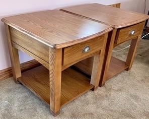 These 2 excellent end tables/nightstands measure 22x27x23 inches. Please make sure to bring plenty of help for removal as employees are unable to assist. Thank you. Items are located on the second floor of the home.