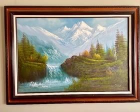 original art by Simon measuring 31x43 inches. The waterfall in this painting has a gorgeous realistic appearance!