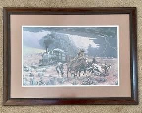 Giddy Up! This signed western print by Jim Jordan measures 23x31 inches and depicts a vintage western scene with a train in the foreground.