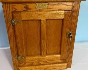 Vintage Ice Box Style Accent Table with Brass Accents by White Clad. Measuring 24 tall x 22 wide x 16.5 deep.  In overall good condition with some light wear/sold in used condition. 