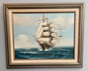 This original art by Jackson measures 16.5x21 inches. The colors are brilliant and depicts a vintage sailing vessel at sea. 