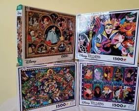 Set of four barely used 1500 piece Disney Puzzles, including:

Classics; Classics II; & 2 Villains versions - Age 12+ - 24" x 32" finished size.

All puzzle pieces appear to be included, but have not been counted