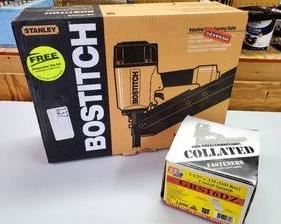 Stanley Bostitch Industrial Stick Framing Nailer with a box of nails