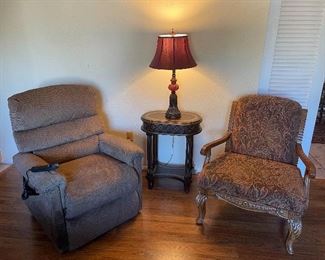 Power lift recliner, side table, lamp and side chair