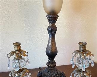 Torch lamp and vintage crystal candlestick holders