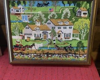 c.1950's Needlepoint Art American Colonial Home, 17" x 21" Framed
