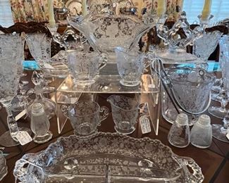 Cambridge Wildflower Glass Stemware, Plates, Footed Bowls and Accessories..