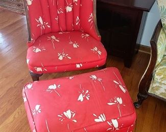 Vintage red high back chair with ottoman