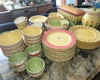 Complete Pfaltzgraff set of dishes with treat jar and bread box. Pistoulet by Jana Kolpen