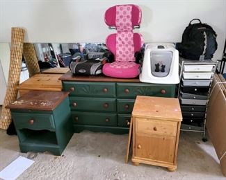 Green dresser. nightstands. Car seats