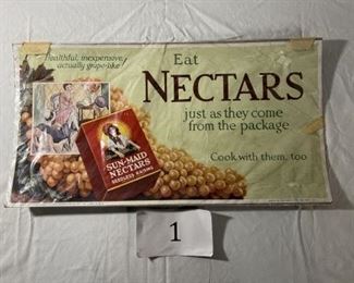 Sun-Maid Nectars Paper Advertising Sign Printed in the USA Sunland Sales Coop Association. "Eat Nectars just as they come from the Package. Cook with them, too"