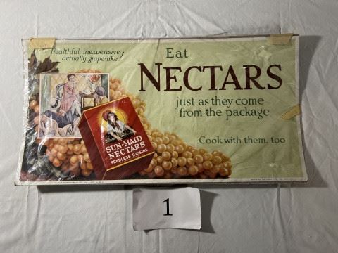 Sun-Maid Nectars Paper Advertising Sign Printed in the USA Sunland Sales Coop Association. "Eat Nectars just as they come from the Package. Cook with them, too"