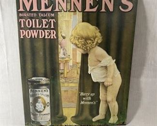 Mennen's Borated Talcum Toilet Powder Metal Advertising Sign "Hurry up with Mennen's"