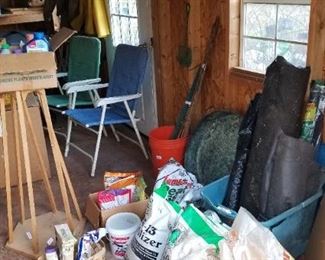 Garden shed items, weed block, chairs, fertilizer  pesticides etc