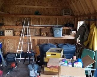 Coolers, propane cookers, garden tools. Wooden baskets