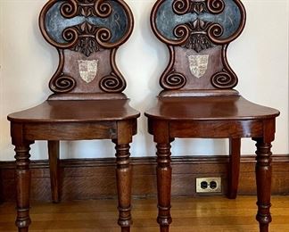 Item 2:  (2) 19th Century Ornate English Hall Chairs with Coat of Arms- 18"l x 14.5"w x 36.5"h: $795 for Pair