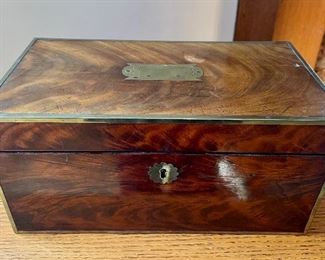 Item 16:  English c. 1820 brass bound mahogany tea caddy lined with satinwood and set with a cut crystal bowl - 13.5"l x 7"w x 6.5"h:  $495