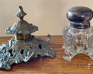 Item 121:  Brass Inkwell (left) - 5":  $85                                                                               Item 122:  Cut Crystal Inkwell with Sterling Top - 4": $65 SOLD