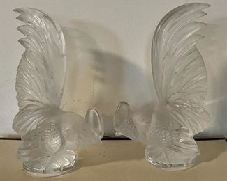 Item 82:  LALIQUE -France -Pair of Crystal Frosted "Coq Nain" Roosters - 8":  $495/Pair