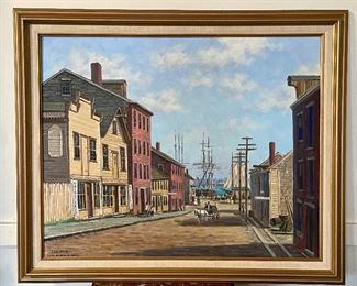 Item 156:  "Centre Street" - Gloucester - Oil on Canvas by Leo Amaral - 35.25" x 42":  $225